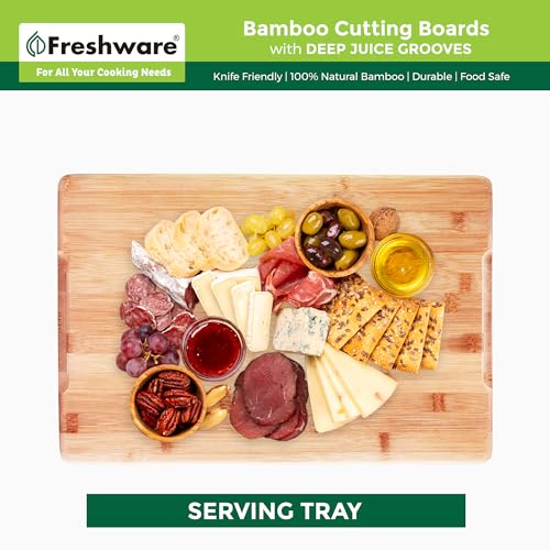 Freshware Wood Cutting Boards for Kitchen - Bamboo Cutting Board Set of 3, Cutting Boards with Juice Grooves, Serving Board Set, Chopping Board for Meat, Veggie, Easy Grip Handle (9x6", 12x8", 15x10")