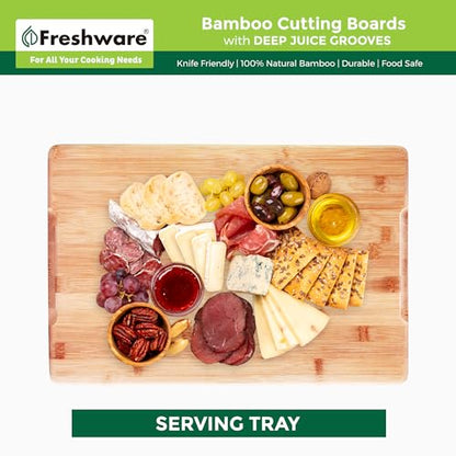 Freshware Wood Cutting Boards for Kitchen - Bamboo Cutting Board Set of 3, Cutting Boards with Juice Grooves, Serving Board Set, Chopping Board for Meat, Veggie, Easy Grip Handle (9x6", 12x8", 15x10")