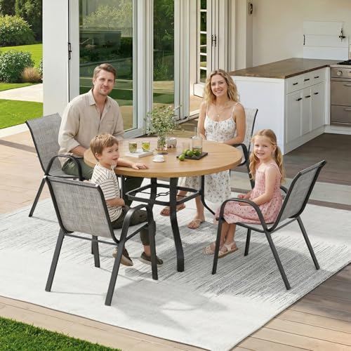 Soohow Patio Dining Set for 4, 5-piece Outdoor Dining Set 4 x Stackable Patio Chairs & 1 x Wood-Like Round Table with Umbrella Hole, All-Weather Outdoor Table and Chairs for Backyard, Balcony, Porch