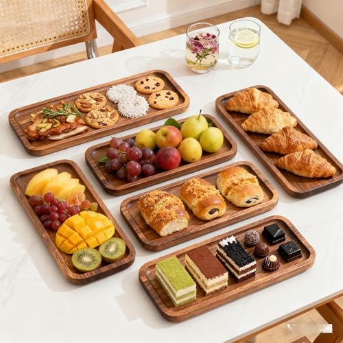 Wood Serving Trays Set of 6, 14 x 6 inch Acacia Wood Platters, Long Rectangular Wooden Trays for Charcuterie, Appetizers, Dessert, Party Serving & Kitchen Décor