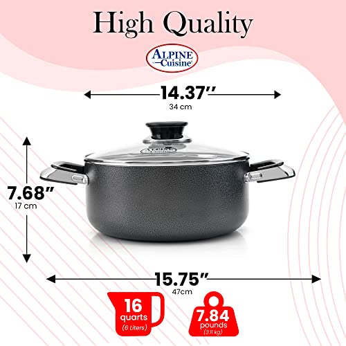 Alpine Cuisine 16 Quart Non-stick Stock Pot with Tempered Glass Lid and Carrying Handles, Multi-Purpose Cookware Aluminum Dutch Oven for Braising, Boiling, Stewing