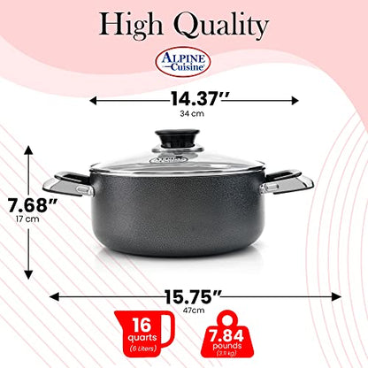 Alpine Cuisine 16 Quart Non-stick Stock Pot with Tempered Glass Lid and Carrying Handles, Multi-Purpose Cookware Aluminum Dutch Oven for Braising, Boiling, Stewing