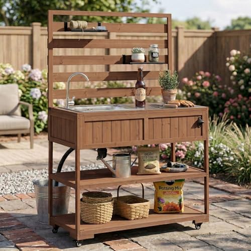 LUMISOL Outdoor Rolling Kitchen Cart with Sink and 2 Movable Shelves, Potting Bench Table with Stainless Table Top, 41.7'' Large Solid Wood Garden Workstation with 1 Bottle Opener, Brown