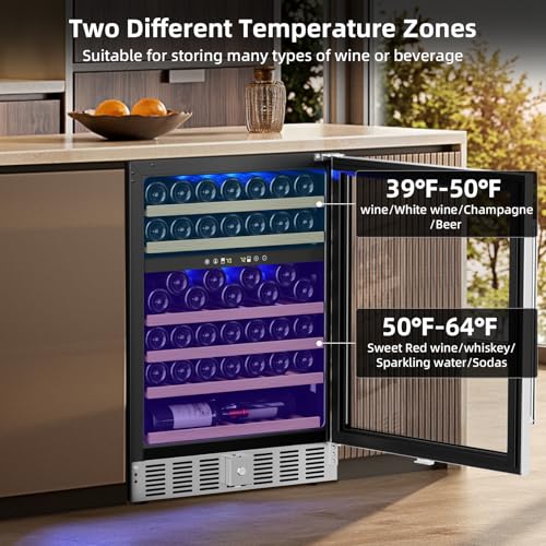 Antarctic Star 24 Inch Wine Fridge, 52 Bottle Wine Cooler Refrigerator. 39-64°F Dual Zone Wine Refrigerator Glass Door, Built in or Freestanding Under Counter Fridge for Home Bar Office