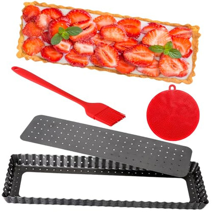 Quyimy Rectangle Tart Pan with Removable Bottom, 14 Inch Perforated Tart Quiche Pan Nonstick Pie Pan with Oil & Dish Brush, Baking Tray with Loose Bottom for Fluted Pies, Quiche,Tart