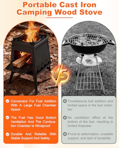 GVUHR Portable Wood Burning Stove - Lightweight Cast Iron Camp Stove for Backpacking，A Small Size 8.9in * 8.9in * 8.7in Backpacking Camping Stove Kit (Black, Small)