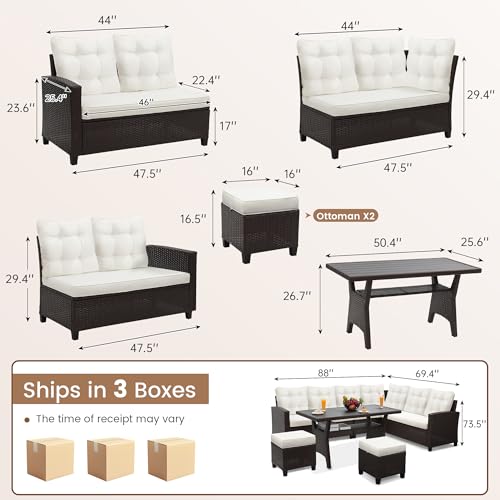 KROFEM KROFEM6-Piece Patio Furniture Set, Outdoor Sectional Sofa with Dining Table & Chairs, All-Weather Dining Set with Removable Cushion Covers, Ideal for Garden, Porch, Backyard, White