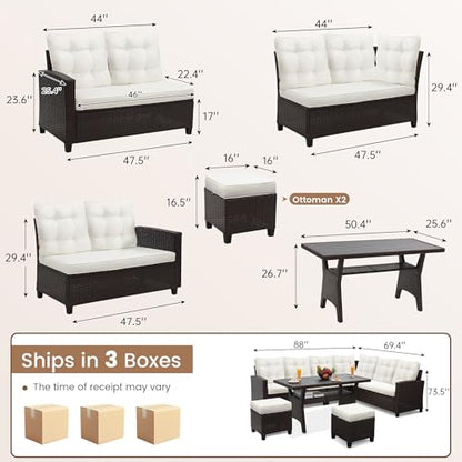KROFEM KROFEM6-Piece Patio Furniture Set, Outdoor Sectional Sofa with Dining Table & Chairs, All-Weather Dining Set with Removable Cushion Covers, Ideal for Garden, Porch, Backyard, White
