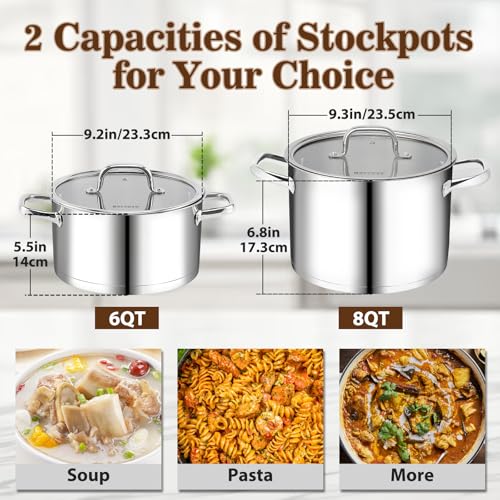 Rorence Stainless Steel Stock Pot, Tri-Ply Base Large Pot Induction Cooking Pot with Lid for All Stoves, Oven & Dishwasher Safe, 8-Quart