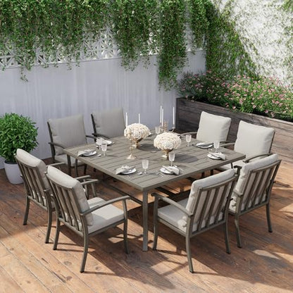 HAPPATIO 9 Piece Patio Dining Set, Aluminum Outdoor Dining Set for 8, 59" Large Square Dining Table with Umbrella Hole and 8 Chairs, Outdoor Table and Chairs for Lawn Yard Patio