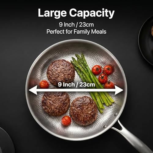 Pexucalm Titanium Frying Pan with Lid, 9" Uncoated Hammered Skillet for Cooking, PFAS/PFOA/PTFE Free Nonstick Cookware, Scratch Resistant, for Induction & Gas, Oven, Dishwasher Safe