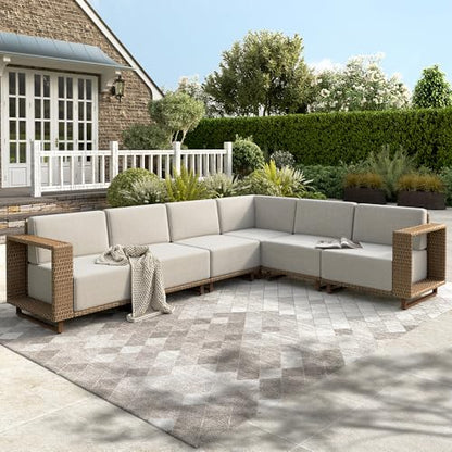 HERA'S HOUSE 6 Pieces Sectional Patio Furniture Set, Outdoor Modular Couch Sofa Set with 10" Thick Cushion, 5.3" Wide Arm, Low Profile All Weather Yellow Rattan Conversation Sets for Deck Yard Lawn