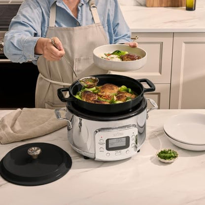 All-Clad 5 Quart 7-in-1 Electric Slow Cooker with Stainless Steel and Cast Iron, 1200W - Black Enamel Crock