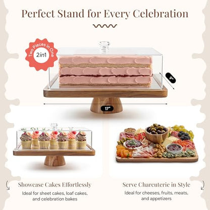 HOMESPHERE Acacia Wood Cake Stand with Lid - Rectangular Cake Holder, 2-in-1 Dessert Table Display Set & Charcuterie Board for Cheese, Chips, Fruit Platter, Large Acrylic Cake Dome Cover, No Glass