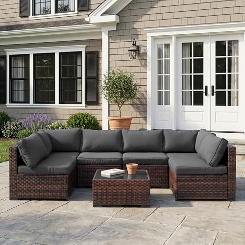 Decksplore 7 Piece Outdoor Patio Furniture Set, Rattan Weather-Resistant Outdoor Conversation Set, Outside Furniture Sectional Sofa Set with 4.3" Anti-Slip Cushions, Glass Table & Rain Cover, Gray