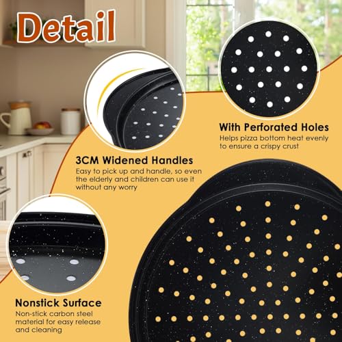 hunnycook 2P Non Stick Pizza Pans - 12” Round Pizza Tray with Holes and Handle, Carbon Steel Pizza Pan for Oven, Dishwasher Safe, PFOA Free