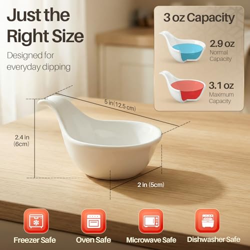 Flexzion Ceramic Dipping Bowls, Small Bowls for Dipping with Handle, Condiment Cups Soy Sauce Dish, Porcelain Ramekins, Sauce Holders, Containers for Small Side Dishes Dips - 3 oz, Set of 6, White