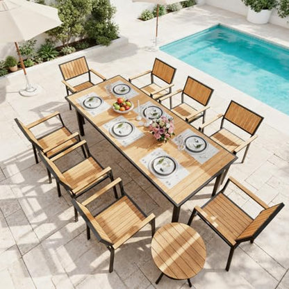 PATIOPIA 10-Piece Patio Dining Set, Outdoor Weather-Resistant Plastic-Wood Table & 8 Stackable Chairs, Outdoor Durable Aluminum Frame Furniture for Garden, Poolside, Backyard