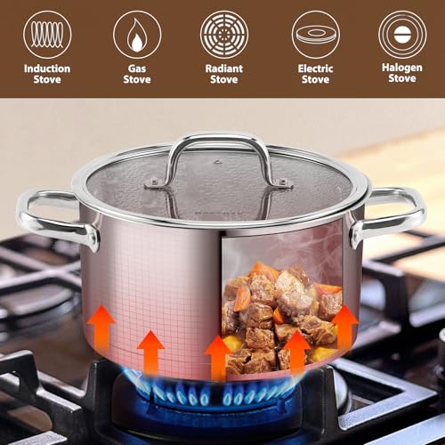 Rorence Stainless Steel Stock Pot, Tri-Ply Base Large Pot Induction Cooking Pot with Lid for All Stoves, Oven & Dishwasher Safe, 6-Quart