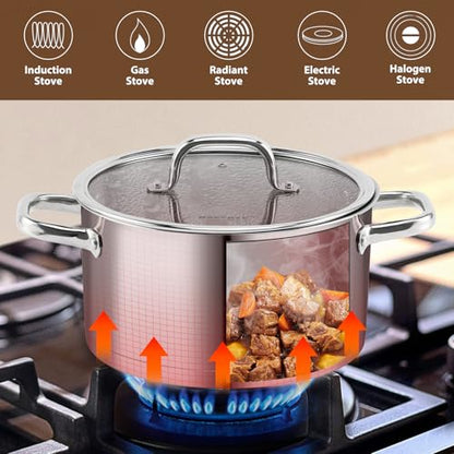 Rorence Stainless Steel Stock Pot, Tri-Ply Base Large Pot Induction Cooking Pot with Lid for All Stoves, Oven & Dishwasher Safe, 6-Quart
