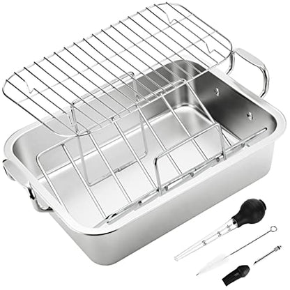 15 Inch Stainless Steel Roasting Pan with V-Shaped Rack and Turkey Baster - Rectangular Roaster for Turkey, Chicken, Vegetables - Fits 20lb Turkey