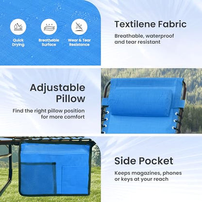 Foristrail 2 Pack Outdoor Folding Chaise Lounge 5-Position Adjustable Recliner 400LB Heavy Duty Portable Patio Camping Beach Chair, Blue