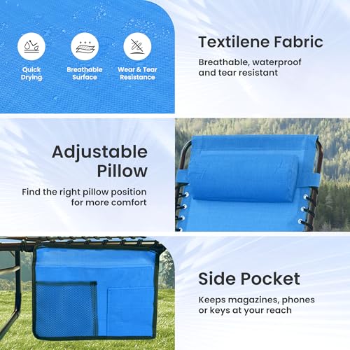 SUNW 2 Pack 400lbs Adjustable Folding Chaise Lounge, Lay Flat Recliner with Pillow & Side Pocket for Patio Pool Camping (Blue)