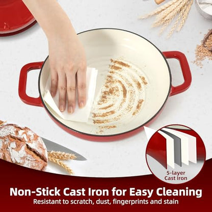 Davivy Sourdough Dutch Oven, 5QT Round Cast Iron Bread Oven, Bread Cloche Dutch Oven Bread Pan with Silicone Mini Pot Holders - Cherry Red