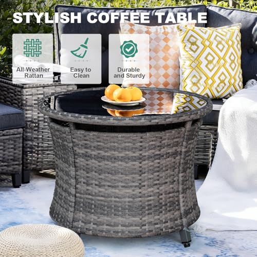 MEISSALIVVE 11 Piece Outdoor Patio Furniture Set, Half-Moon Curved Sectional Set with Wood Armrests, Patio Conversation Set for Porch,Deck,Balcony (Grey)