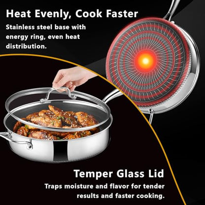 SAKAMOSH 12 Inch Frying Pan Nonstick with Lid, 5.6QT Hybrid Ceramic Deep Saute Pan & Skillet, Tri-Ply Stainless Steel for Even Heat, PFOA/PFOS Free, Induction & Oven Safe