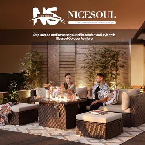NICESOUL 15 Piece Outdoor Sectional with Fire Pit Table, Modern Luxury Patio Deep Seating w/Firepit, 29.3'' High-Back Wicker Couch Thick, Big High-Weight Capacity Sofa for Garden, Yard, Brown & Beige