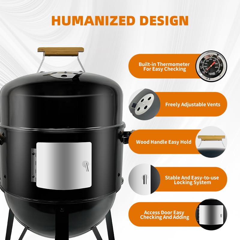 Joyagrill 17 Inch Porcelain-Enameled Charcoal BBQ Grill Smoker – Adjustable Temperature Vertical Smoker Gril for Outdoor Cooking, Smoking, Grilling – Portable Backyard Heavy Duty Barbecue Cooke, Black