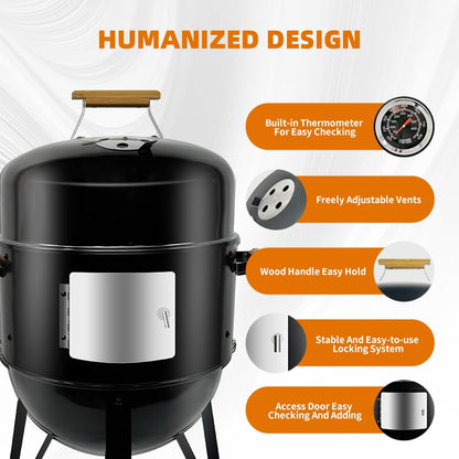 Joyagrill 17 Inch Porcelain-Enameled Charcoal BBQ Grill Smoker – Adjustable Temperature Vertical Smoker Gril for Outdoor Cooking, Smoking, Grilling – Portable Backyard Heavy Duty Barbecue Cooke, Black