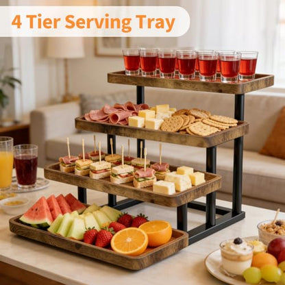 4 Tier Cupcake Stand, 15.7" Large Wooden Serving Tray for Party Food Display, Rustic Tiered Tray Decor Capable of Dessert Table & Perfume Organizer, with Sturdy Metal Frame