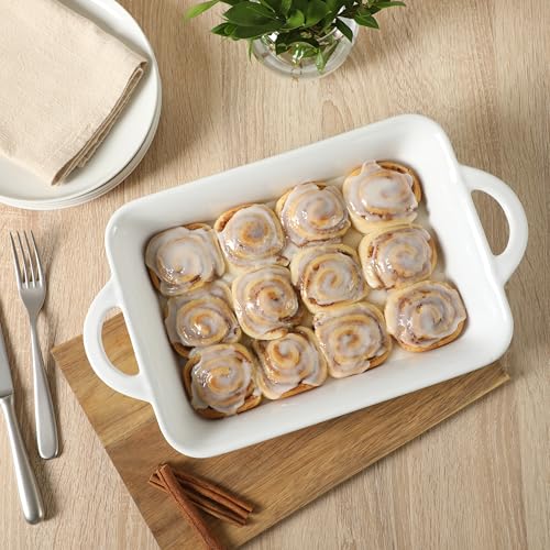 Gibson Home Gracious Dining 2.5-Quart White Stoneware Baking Dish with Handles – 14.6 x 8.5-Inch Rectangular Oven Safe Casserole & Roasting Baker