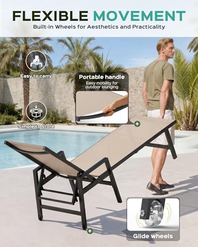 Vexwalx Patio Chaise Lounge Chair Outdoor with Wheels&Armrests, Aluminum Pool Lounge Chairs 5-Position Adjustable Recliner, Outdoor Beach Lounge Chairs for Outside, Patio, Deck, Yard, Khaki
