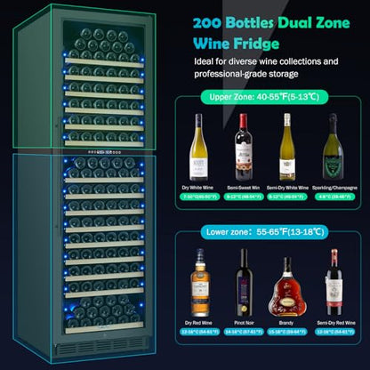 200 Bottle Dual Zone Wine Fridge – 24 Inch Large Capacity Wine Cooler Refrigerator Freestanding/Built-In with Upgraded Compressor, Low-Noise Wine Cellar & Intelligent Temperature Control - Black