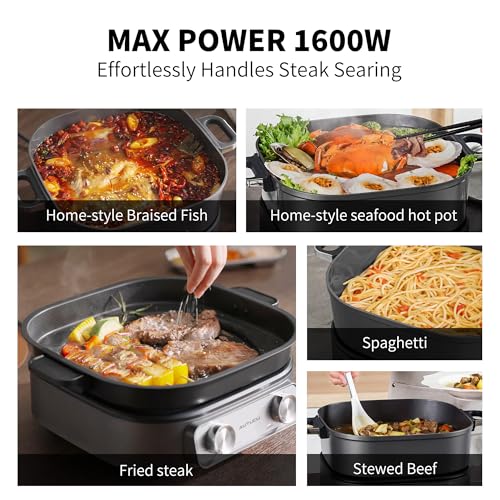 6-Quart Electric Skillet with Grill | Non-Stick PFOA-Free Ceramic-Coated Pot, 1600W, Timer & 3 Power Settings for Steak, Egg, Ramen (Includes Tongs) Pot & Grill