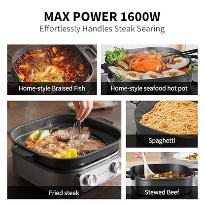 6-Quart Electric Skillet with Grill | Non-Stick PFOA-Free Ceramic-Coated Pot, 1600W, Timer & 3 Power Settings for Steak, Egg, Ramen (Includes Tongs) Pot & Grill
