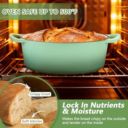 P&P CHEF Oval Dutch Oven with Lid, Enameled Cast Dutch Oven Pot for Bread Baking, Braising, Stewing, Roasting, Non-Stick & Oven Safe, Dual Handles & Easy Clean, 5QT & Pistachio Green, Valentine's Day