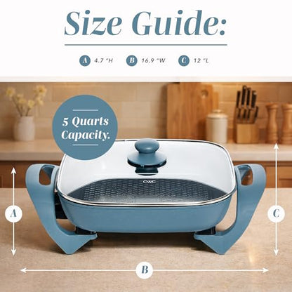 COOK WITH COLOR Electric Skillet - 12" x 12" Ceramic Nonstick Pan, PFAS-Free, 1400W, Tempered Glass Lid, Variable Temperature, Removable Heating Probe, Cool-Touch Handles, Slate Blue