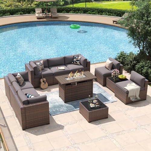 Aoxun 11 Piece Patio Furniture Set with 44" Fire Pit Table Wicker Rattan
