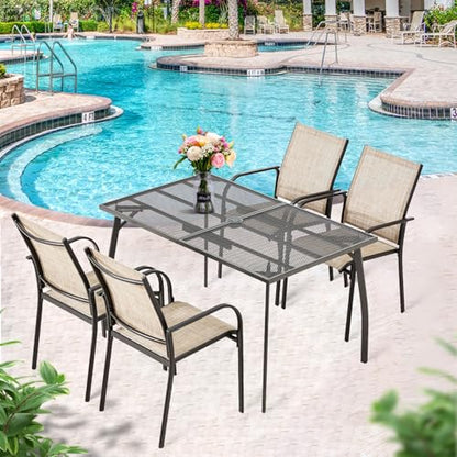 AECOJOY 5 Piece Patio Table and Chair Set for 4, Outdoor Dining Set Includes 51.2" Rectangle Table with 1.73" Umbrella Hole, 4 Stackable Textilene Chairs, for Garden, Backyard and Poolside, Dark Gray