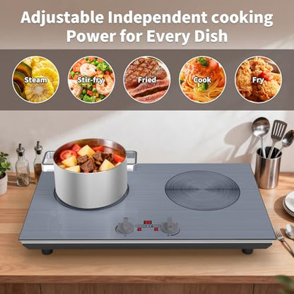 GIHETKUT 2 burner Induction cooktop,110V 4000W induction hot plate with Brushed Panel,Knob Control,9 Power Levels, Kids Lock & Timer,LED touch control 2 burner induction cooker