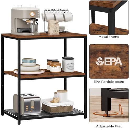 Homleke Kitchen Island with 3 Shelves, Kitchen Shelf with Large Workstation, Bakers Rack, Workbench, Metal Frame, Rustic Brown and Black
