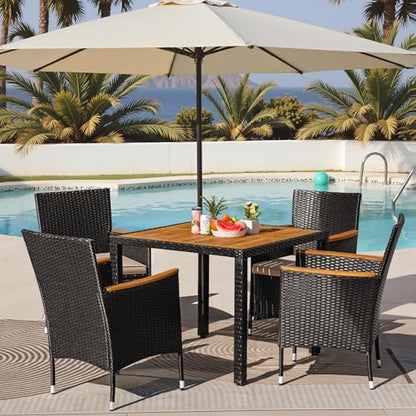 Greesum 5 Pieces Outdoor Patio Dining Set, Conversation Sets with 1 Table and 4 Rattan Chairs with Curved Acacia Wooden Armrests and Cushions, Black