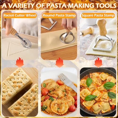 Pasta Making Tools, Pasta Making Kit, Includes Pasta Maker Machine, 1 Pasta Drying Rack, 3 Rolling Pins, 1 Gnocchi Board, 1 Dough Cutter, 1 Ravioli Cutter, 2 Pasta Stamps, 1 Silicone Dough Mat