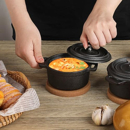 BSTKEY Mini Cocotte Set, 3 Pcs Mini Dutch Oven with Lids and Handles, Cast Iron Garlic Roaster with Cork Pan Mat, Stovetop, Oven Safe (8 oz)