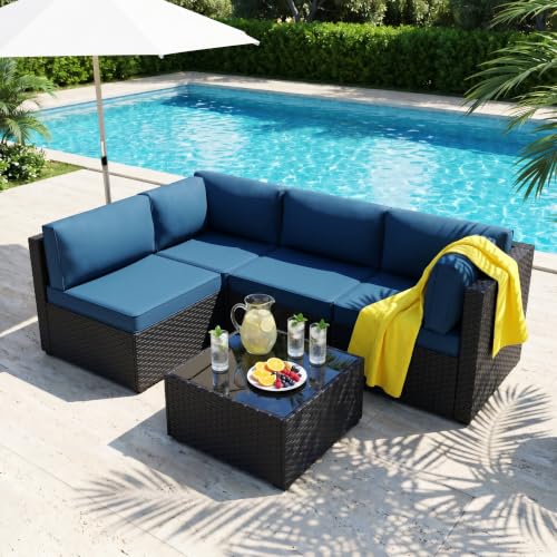 SUNLEI 5 Piece Patio Furniture Set, Outdoor Rattan Sectional Sofa with Coffee Table, Low-Back Modular Patio Conversation Set with Washable Cushions, Black Rattan, Aegean Blue