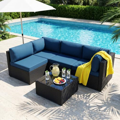 SUNLEI 5 Piece Patio Furniture Set, Outdoor Rattan Sectional Sofa with Coffee Table, Low-Back Modular Patio Conversation Set with Washable Cushions, Black Rattan, Aegean Blue
